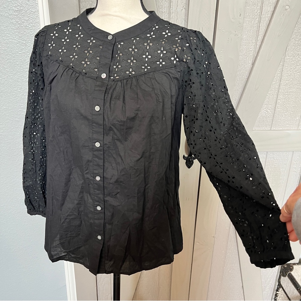 NEW! J. Crew Black Eyelet Mixed Media Button-Up Blouse